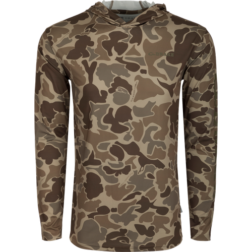 A versatile Performance Hoodie with cooling, UPF 50, moisture-wicking fabric. Lightweight and quick-drying, it features a camouflage pattern and a 3-piece hood. Perfect for hunting and outdoor activities.