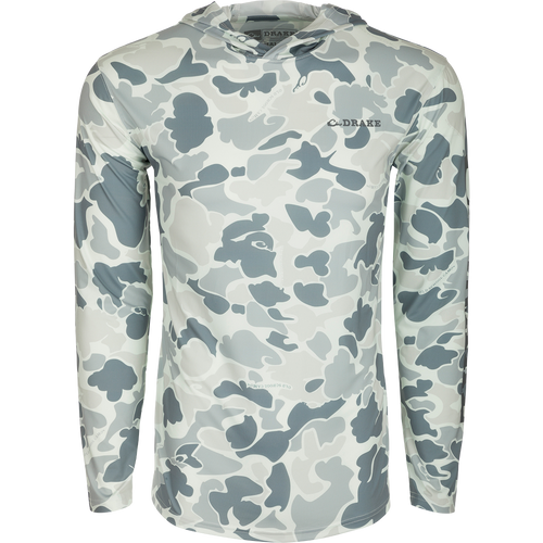 A versatile Performance Hoodie with a camouflage pattern, built-in cooling, UPF 50 sun protection, moisture-wicking, and quick-drying features. Lightweight and made of polyester/spandex jersey. Perfect for all-year wear in various weather conditions. From Drake Waterfowl, a trusted brand for high-quality hunting gear and clothing.