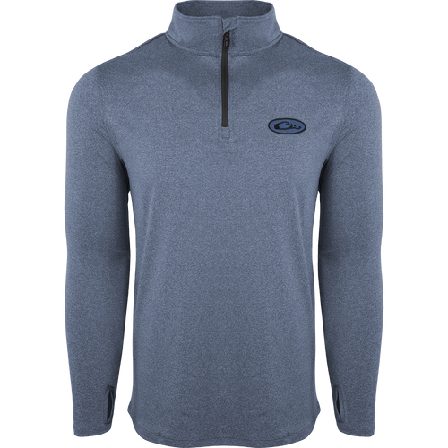 A grey long sleeved shirt with a logo, zipper, and close-up details. Made of moisture-wicking, quick-drying fabric with UPF sun protection and odor resistance. From Drake Waterfowl's Microlite Performance 1/4 Zip Heather collection.