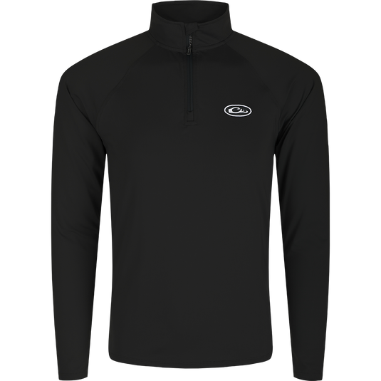 A black long-sleeved shirt with ¼ zip placket, raglan sleeves, and thumb loop. Moisture-wicking, quick-drying, and odor-resistant fabric with UPF sun protection. Perfect for outdoor activities.