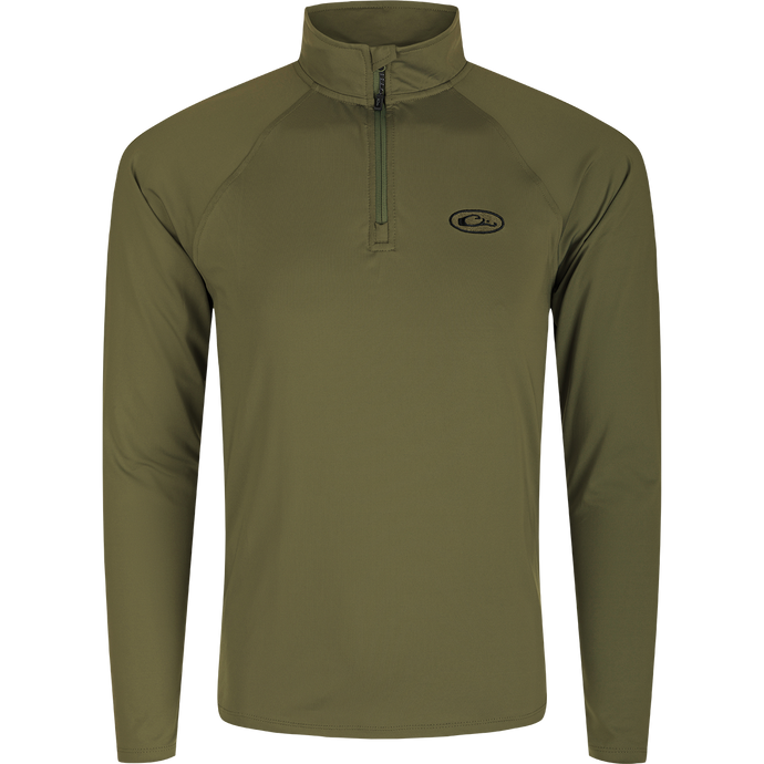 A close-up of the Microlite Performance 1/4 Zip Solid shirt with raglan sleeves and a YKK zipper. Moisture-wicking, quick-drying fabric with UPF sun protection and natural odor resistance. Lightweight and comfortable for outdoor activities.