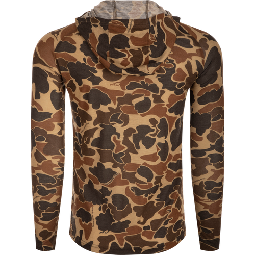 Backside of Hunter Creek Old School Bamboo L/S Hoodie featuring camouflage pattern and sleeve detail.