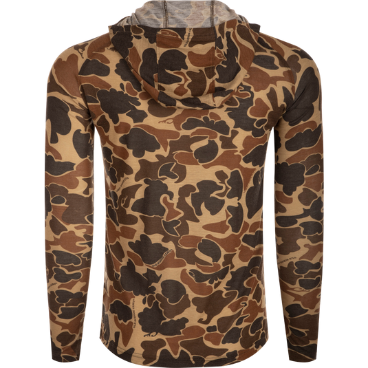 Backside of Hunter Creek Old School Bamboo L/S Hoodie featuring camouflage pattern and sleeve detail.
