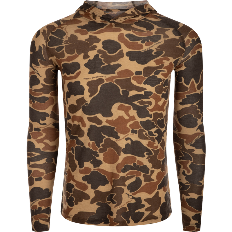 Hunter Creek Old School Bamboo L/S Hoodie featuring a camouflage pattern and a soft, lightweight fabric blend.