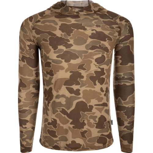 Hunter Creek Old School Bamboo L/S Hoodie featuring a camouflage pattern and a close-up of the fabric texture.