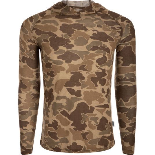 Hunter Creek Old School Bamboo L/S Hoodie featuring a camouflage pattern and a close-up of the fabric texture.