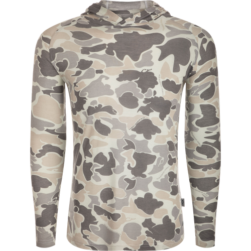 Old School Grey: Hunter Creek Old School Bamboo L/S Hoodie featuring camouflage pattern, bamboo fabric, and unconstructed hood.