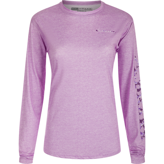 Women's Performance Crew Heather Shirt, a lightweight purple long-sleeved top from the Drake Performance Collection. Features include Built-In Cooling, UPF 50, Moisture Wicking, Breathable Stretch, and Quick Drying.