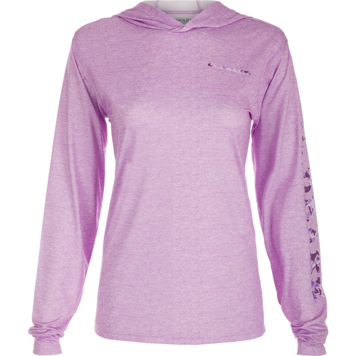 Women's Performance Hoodie Heather, a versatile garment from Drake's collection. Lightweight fabric with Built-In Cooling, UPF 50, Moisture Wicking, Breathable Stretch, and Quick Drying. Perfect for beach, water, or any adventure.