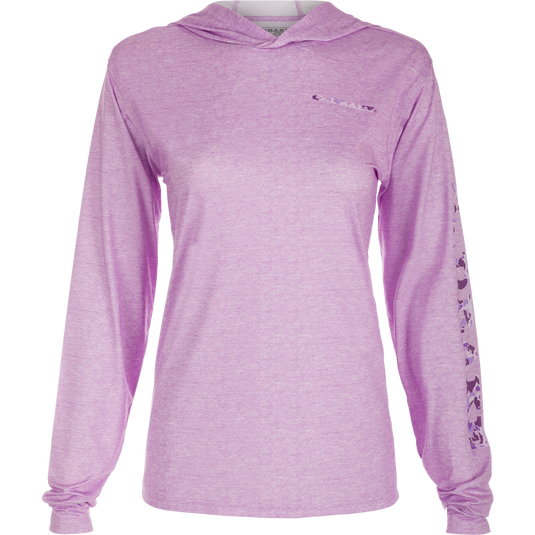 Women's Performance Hoodie Heather, a versatile garment from Drake's collection. Lightweight fabric with Built-In Cooling, UPF 50, Moisture Wicking, Breathable Stretch, and Quick Drying. Perfect for beach, water, or any adventure.