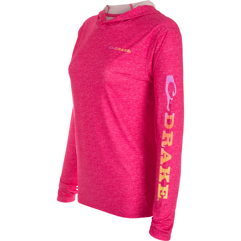 Women's Performance Hoodie Heather: A versatile pink long-sleeved shirt with logo. Lightweight, cooling, and moisture-wicking fabric for outdoor adventures.