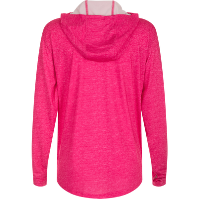 Women's Performance Hoodie Heather: A versatile pink jacket with a hood, designed for exceptional functionality and performance. Features include Built-In Cooling, UPF 50, Moisture Wicking, Breathable Stretch, and Quick Drying. Lightweight at 145 GSM. Perfect for beach, water, or any adventure. From Drake Waterfowl, known for high-quality hunting gear and casual apparel.