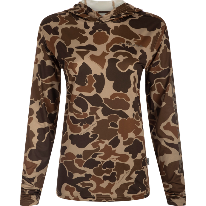 Women's Performance Hoodie Print: A lightweight camouflage hoodie on a mannequin. Features include Built-In Cooling, UPF 50, Moisture Wicking, Breathable Stretch, and Quick Drying. Perfect for outdoor activities.