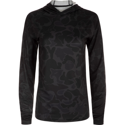 A lightweight Women's Performance Hoodie Print with a camouflage pattern, featuring Built-In Cooling, UPF 50, Moisture Wicking, Breathable Stretch, and Quick Drying. Perfect for outdoor activities.