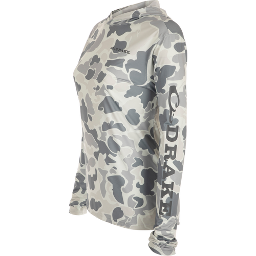 Women's Performance Hoodie Print - a lightweight camouflage shirt with exceptional performance features, including Built-In Cooling, UPF 50, Moisture Wicking, Breathable Stretch, and Quick Drying. Perfect for outdoor activities or as a fashion statement.
