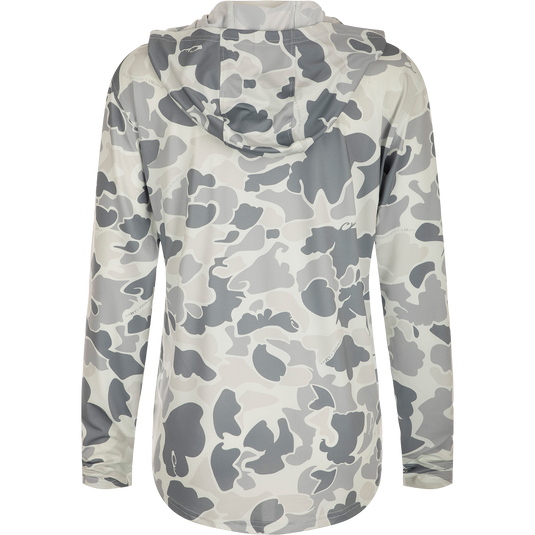 Women's Performance Hoodie Print - a lightweight camouflage jacket with exceptional performance features, including Built-In Cooling, UPF 50, Moisture Wicking, Breathable Stretch, and Quick Drying. Perfect for outdoor activities.