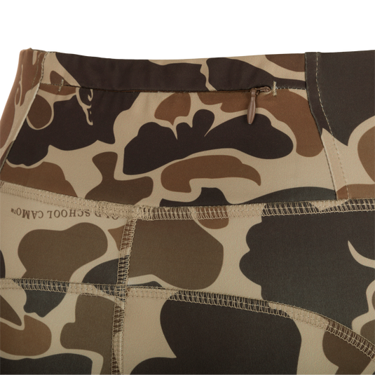 Women's Commando Printed Legging, a close-up of a camouflage pattern legging with 4-way stretch fabric, high waistband, and angled side seam pockets. Versatile and moisture-wicking, perfect for your next adventure.