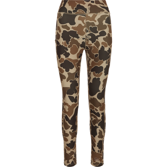 Women's Commando Printed Legging, a versatile high-performance legging with 4-way stretch fabric, flat stitch construction, and a 4-inch waistband. Features angled side seam pockets and a back zippered pocket. Quick drying and moisture-wicking. 7/8 length.