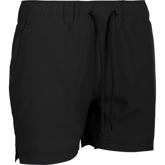 A versatile black shorts with drawstring and built-in liner, ideal for the gym or beach. Made with 88% polyester and 12% spandex for 4-way stretch. Quick-drying, moisture-wicking, and water-resistant. Features scalloped hem, front/back mesh pockets, and elastic waist with adjustable drawstring. From Drake Waterfowl's Women's Commando Lined Short 4.5" collection.