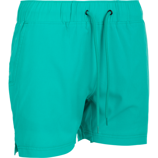 Women's Commando Lined Short 4.5": A close-up of versatile shorts with a zipper and blue fabric.