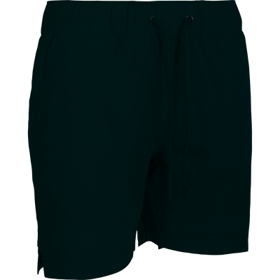 A versatile black shorts with a drawstring and built-in liner, perfect for the gym or beach. Features include 4-way stretch, quick-drying fabric, and moisture-wicking technology. Back and front pockets, scalloped hem, and a 7-inch inseam. From Drake Waterfowl.