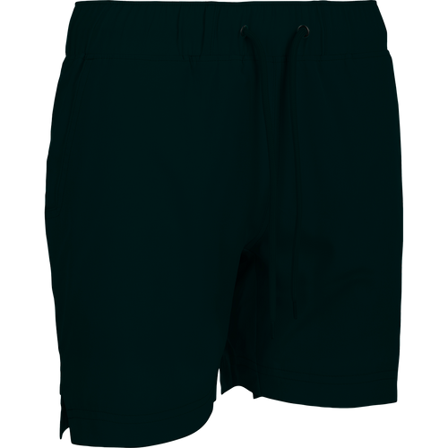 A versatile black shorts with a drawstring and built-in liner, perfect for the gym or beach. Features include 4-way stretch, quick-drying fabric, and moisture-wicking technology. Back and front pockets, scalloped hem, and a 7-inch inseam. From Drake Waterfowl.