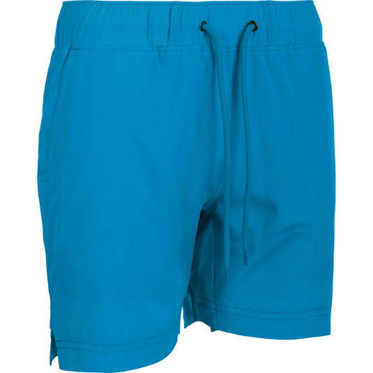 Women's Commando Lined Short 7" - A versatile blue shorts with a string, built for the gym or beach. Features include 4-way stretch, quick-drying fabric, and moisture-wicking liner. Scalloped hem, elastic waistband with drawstring, and multiple pockets.