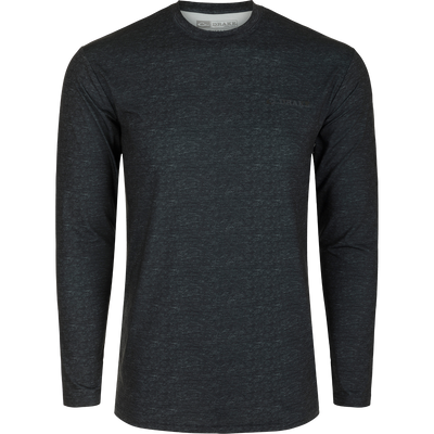 A black long-sleeved Youth Performance Crew Heather L/S shirt with logo detail. Lightweight, moisture-wicking, and UPF 50 for sun protection.