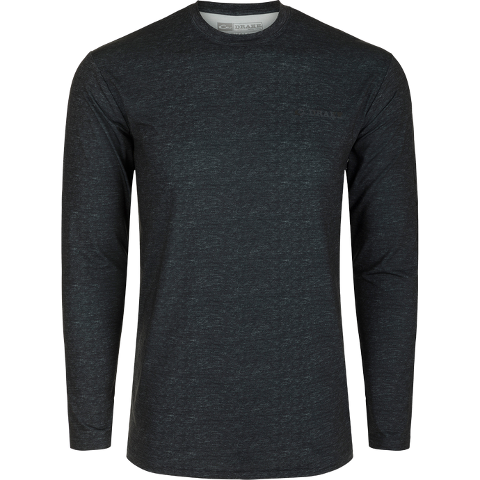 A black long-sleeved Youth Performance Crew Heather L/S shirt with logo detail. Lightweight, moisture-wicking, and UPF 50 for sun protection.