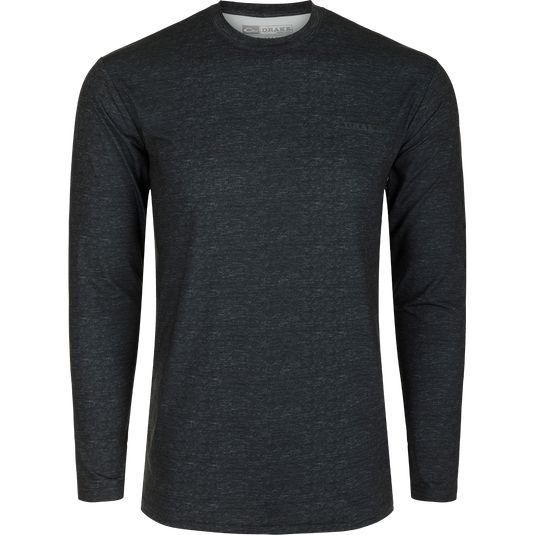 A black long-sleeved Youth Performance Crew Heather L/S shirt with logo detail. Lightweight, moisture-wicking, and UPF 50 for sun protection.