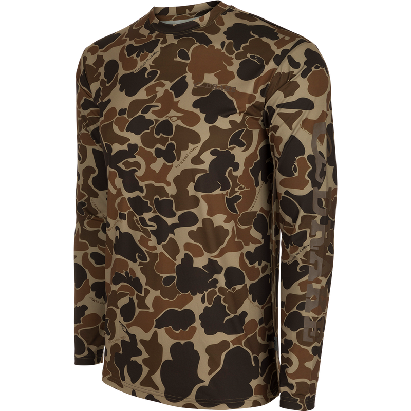 Youth Performance Crew L/S: A lightweight camouflage shirt with built-in cooling, moisture-wicking, and quick-drying features. Provides UPF 50 sun protection.