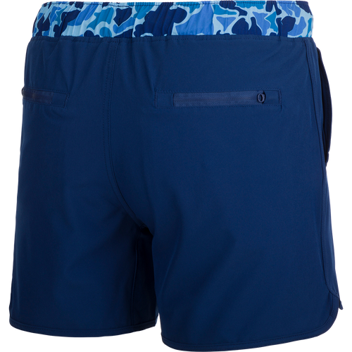 Youth Commando Lined Volley Short 5 - A versatile blue camo print short with a scalloped hem, elastic waistband, and quick-drying liner.
