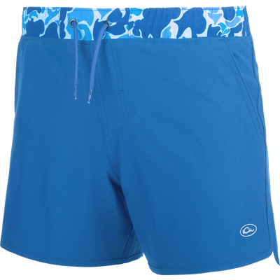 Youth Commando Lined Volley Short 5 - versatile blue shorts with camo print. Quick-drying, moisture-wicking, and water-resistant. Features elastic waistband and adjustable drawstring. Includes front and back pockets with hidden zippers. Scalloped hem and built-in liner.