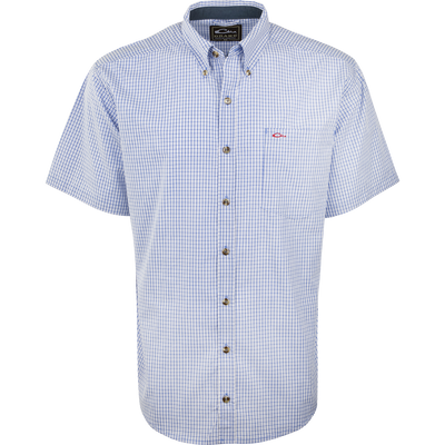 Big Easy Plaid Shirt S/S with a blue and white checkered pattern, featuring a button-down collar, left chest pocket, and breathable StayCool fabric.