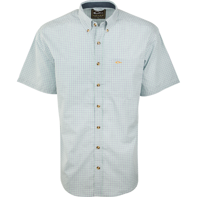 Close-up of the Big Easy Plaid Shirt S/S, featuring a button-down collar, sleeve detail, and chest pocket, made with quick-drying StayCool fabric.