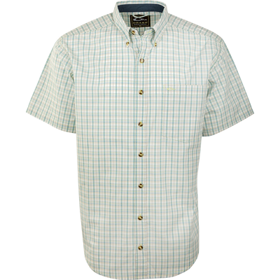Big Easy Plaid Shirt S/S with button-down collar and left chest pocket, showcasing StayCool fabric for comfort and breathability. Perfect for versatile, casual wear.