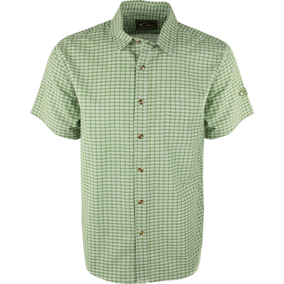 A NeverTuck Shirt S/S, green and white plaid, made of soft-washed 100% cotton. Features include an open collar style and a left chest pocket. Perfect for a comfortable and stylish look.