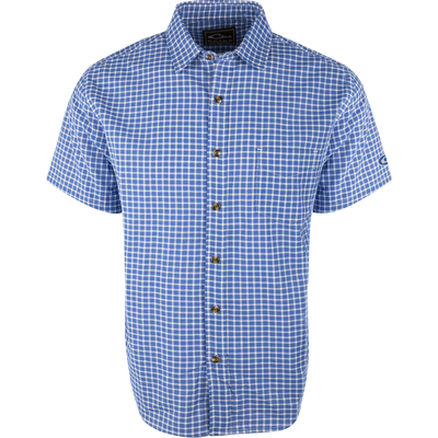 A blue and white plaid NeverTuck Shirt S/S made of soft-washed 100% cotton. Features include an open collar style and a left chest pocket. Perfect for looking and feeling your best. From Drake Waterfowl, a store known for high-quality hunting gear and casual apparel.