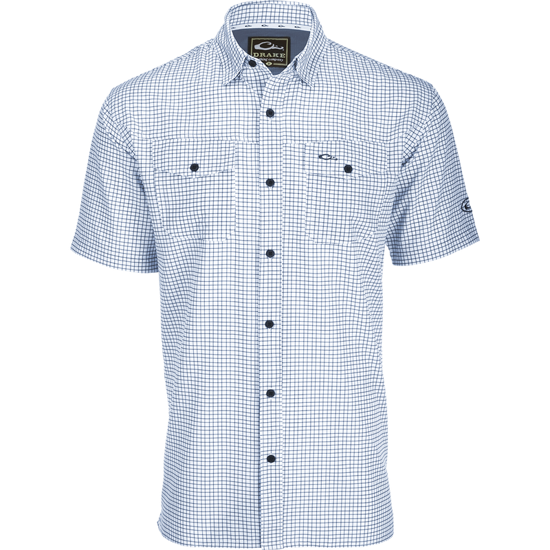 A lightweight, four-way stretch Traveler's Minigrid Short Sleeve Shirt with hidden button-down collar and split tail hem. Perfect for the man on the go.