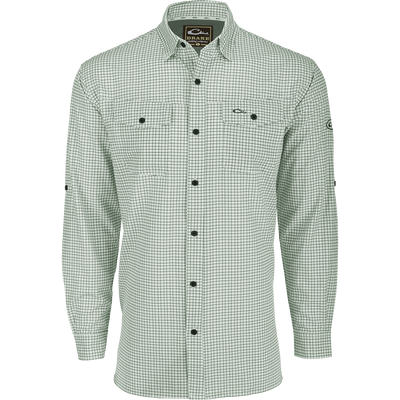 Traveler's Mini Grid Long Sleeve Shirt with Four Way Stretch and split tail hem for comfort and style. Ideal for the man on the go.