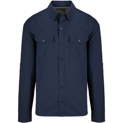 A blue dobby-textured shirt with long sleeves, hidden button-down collar, and two chest pockets. Versatile for any season.