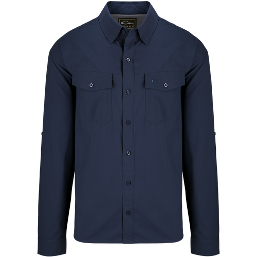 A blue dobby-textured shirt with long sleeves, hidden button-down collar, and two chest pockets. Versatile for any season.