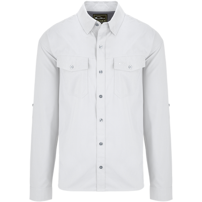 Traveler's Solid Dobby Shirt L/S: A white shirt with long sleeves, hidden button-down collar, and two chest pockets with button-through flaps. Classic fit, versatile for any season.