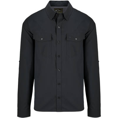 A black dobby textured shirt with hidden button-down collar, chest pockets, and split tail hem. Versatile and lightweight for all seasons.