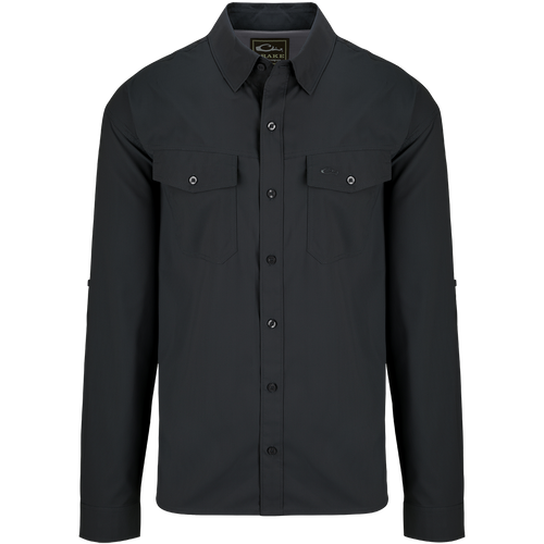 A black dobby textured shirt with hidden button-down collar, chest pockets, and split tail hem. Versatile and lightweight for all seasons.