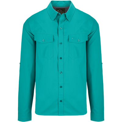 Traveler's Solid Dobby Shirt L/S: A classic fit long sleeve shirt with hidden button-down collar, chest pockets, and split tail hem. Made of featherweight polyester fabric with UPF30 sun protection. Versatile for any season.