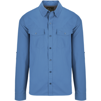 A blue dobby textured long sleeve shirt with hidden button-down collar, chest pockets, and split tail hem. Versatile for any season.
