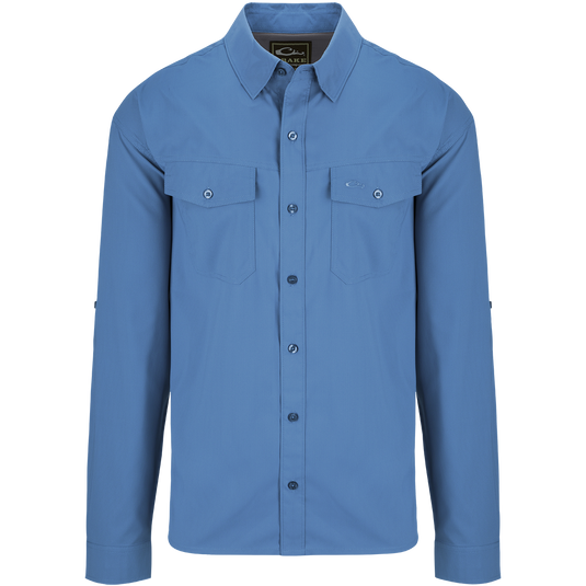 A blue dobby textured long sleeve shirt with hidden button-down collar, chest pockets, and split tail hem. Versatile for any season.