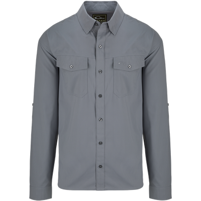 A versatile Traveler's Solid Dobby Shirt L/S with hidden button-down collar, chest pockets, and split tail hem. Featherweight, moisture-wicking fabric with UPF30 sun protection.