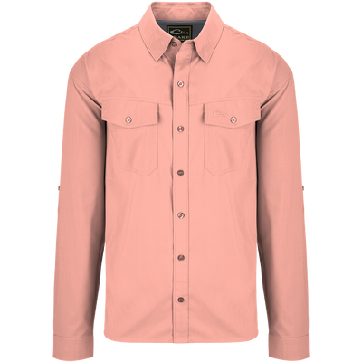 Traveler's Solid Dobby Shirt L/S: Classic fit shirt with hidden button-down collar, chest pockets, and split tail hem. Versatile for all seasons.